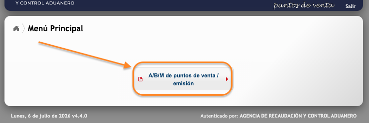 Menú de puntos de venta con la opción A/B/M de puntos de venta / emisión
