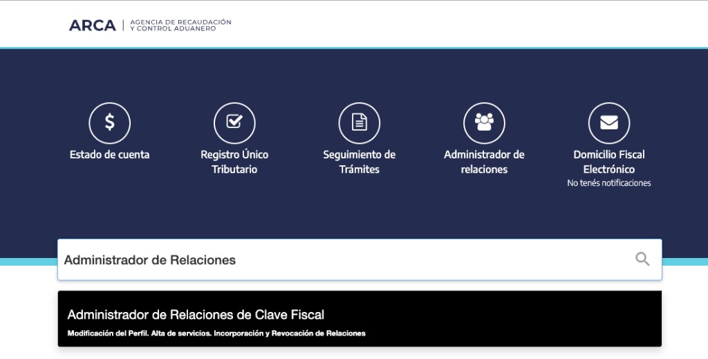 Buscar Administrador de Relaciones de Clave Fiscal en el portal de ARCA