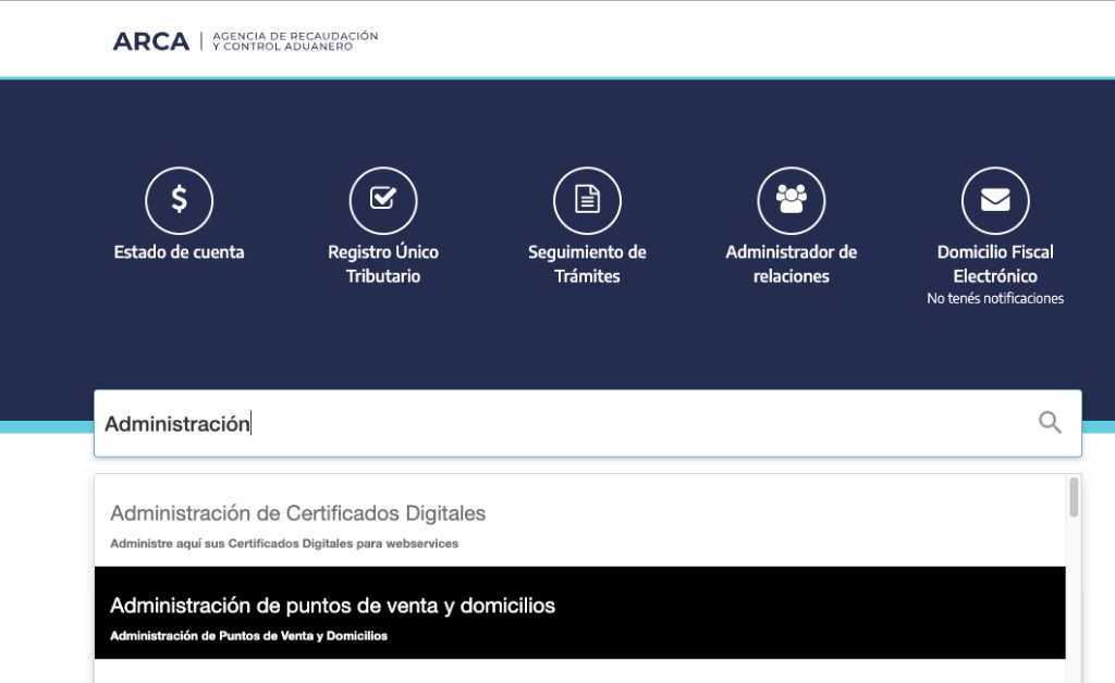 Buscar Administración de puntos de venta y domicilios en el portal de ARCA