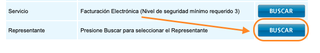 Servicio Facturación Electrónica seleccionado y botón BUSCAR del representante