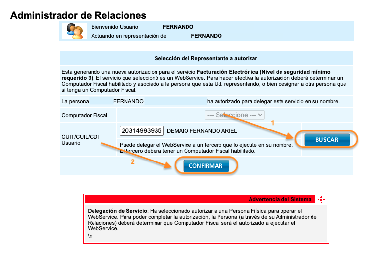 CUIT autorizado 20-31499393-5 con nombre Fernando Ariel Demaio
