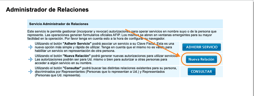 Pantalla del Administrador de Relaciones con el botón Nueva Relación