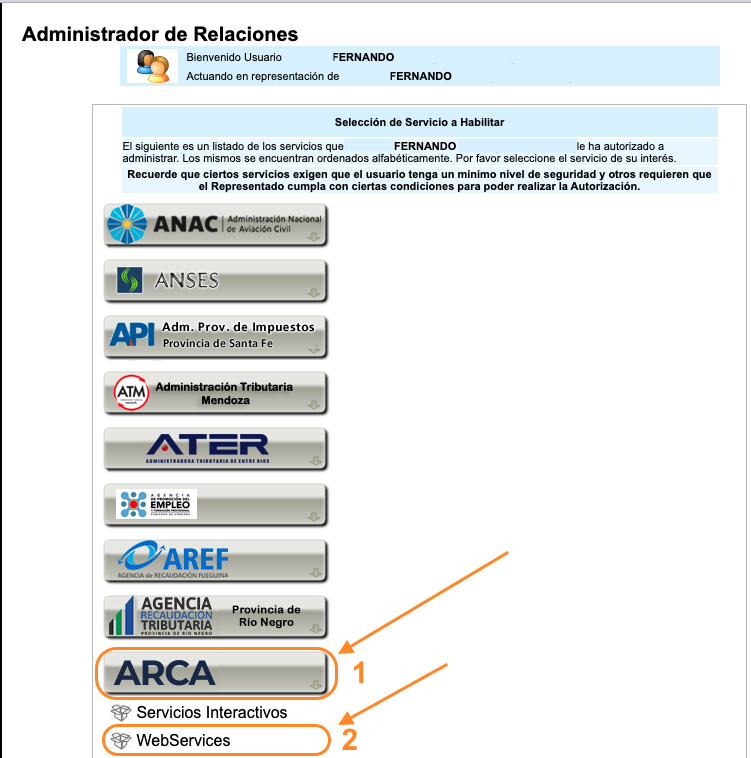 Selección del servicio ARCA y WebServices