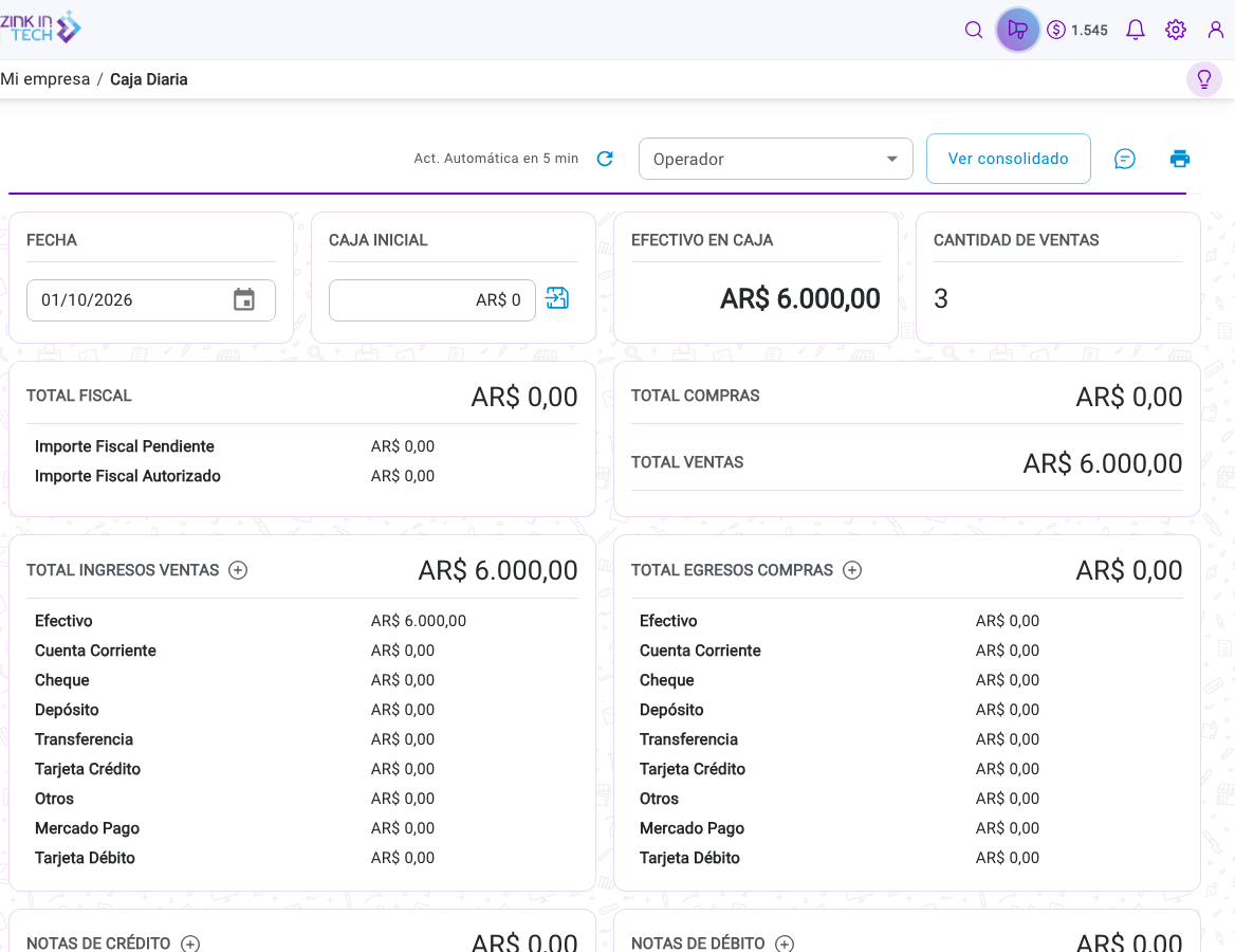 Caja diaria con fecha, caja inicial, efectivo en caja, totales y tarjetas de ingresos y egresos con su botón +
