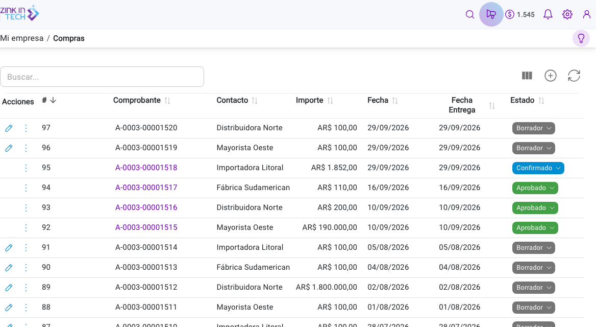 Listado de Compras con comprobante, proveedor, importe, fechas y estado de cada compra