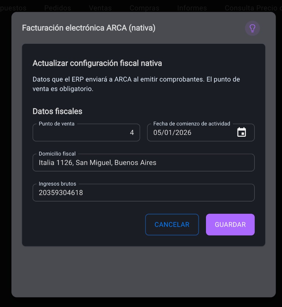 Formulario fiscal de ARCA en ZinK ERP