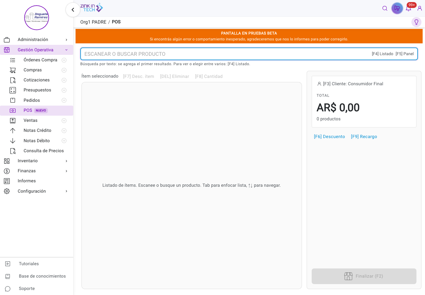 Pantalla inicial de POS con buscador de producto, cliente Consumidor Final y total de la venta