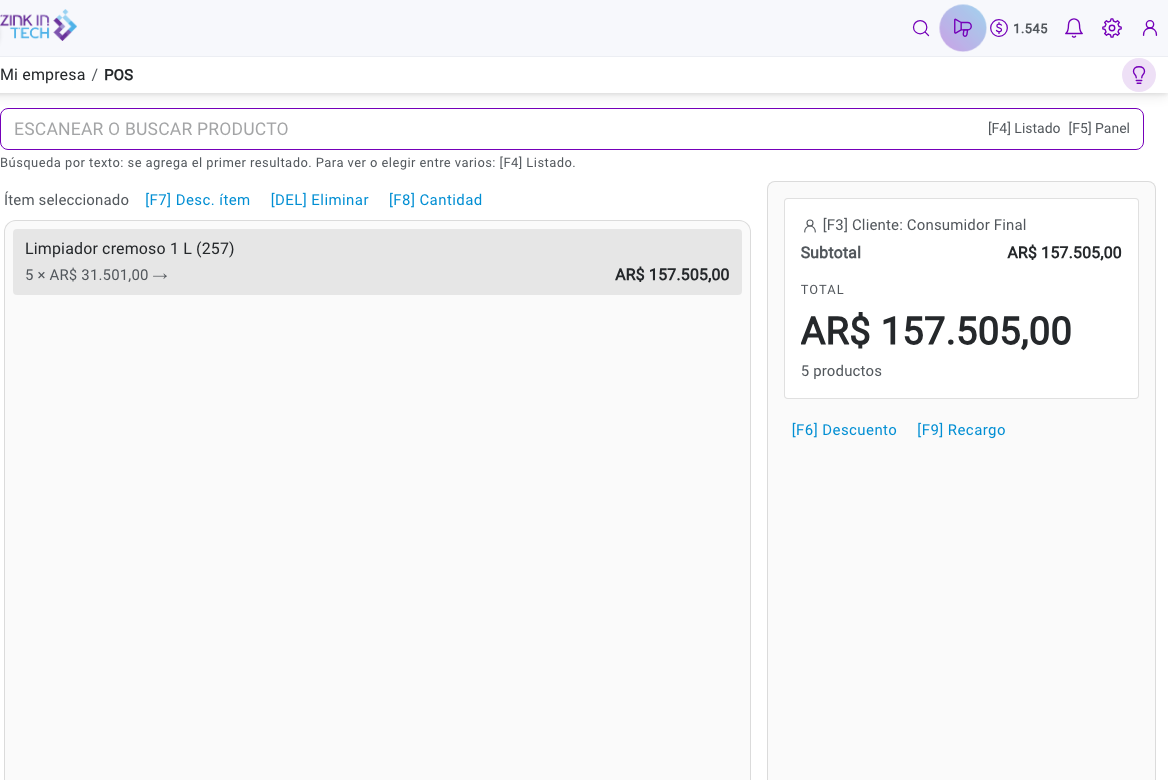 POS con un producto agregado, total actualizado y botón Finalizar habilitado