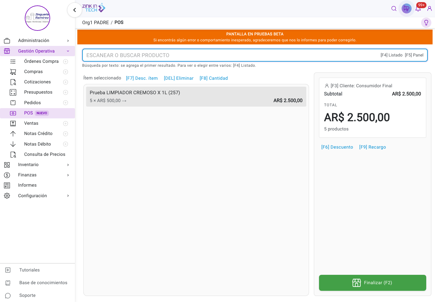 POS con un producto agregado, total actualizado y botón Finalizar habilitado