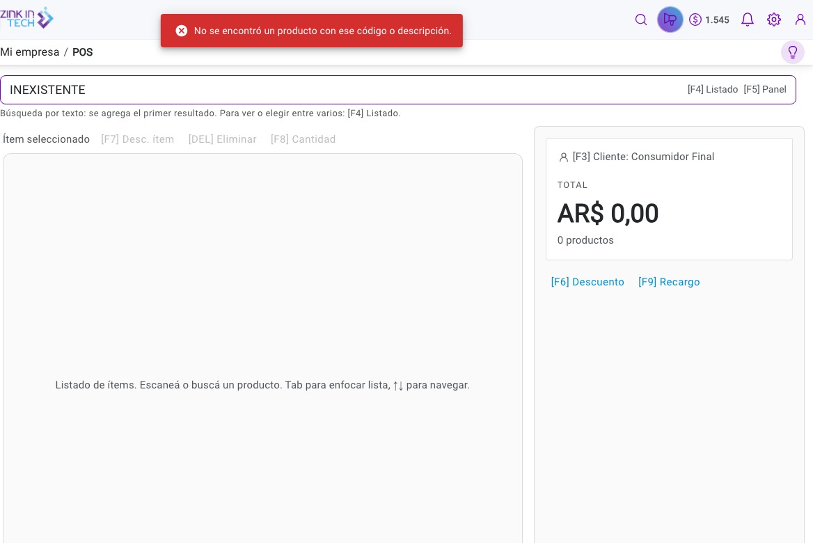 Mensaje de POS cuando no se encuentra un producto por código o descripción