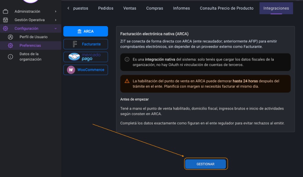 Preferencias → Integraciones → ARCA: pantalla inicial del asistente