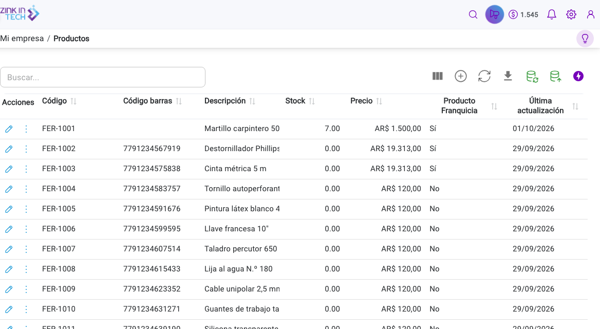 Listado de Productos con código, código de barras, descripción, stock, precio y fecha de última actualización