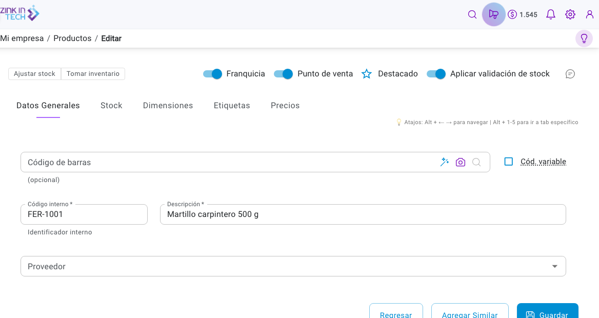 Ficha de producto con los botones Ajustar stock y Tomar inventario arriba a la izquierda, y el ícono de cámara en el campo Código de barras